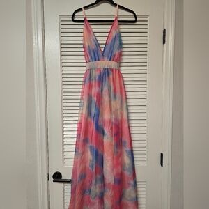 Rainbow Watercolour Tie-Dye V-Neck Sheer Maxi Dress With Lining
